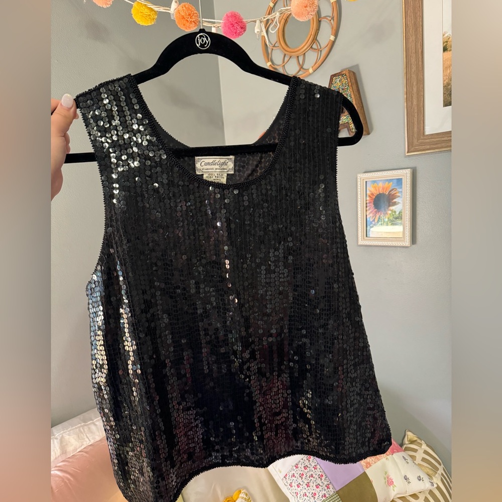 Black silk sequin tank top